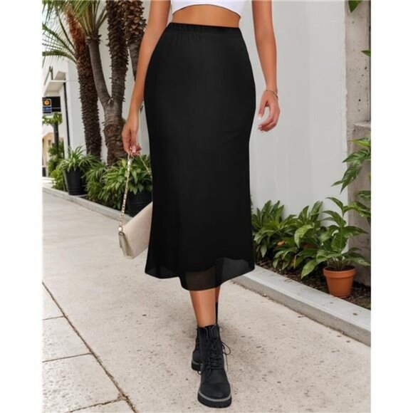 Women's Mesh Midi Skirt Elastic High Waisted Black - Picture 4 of 6